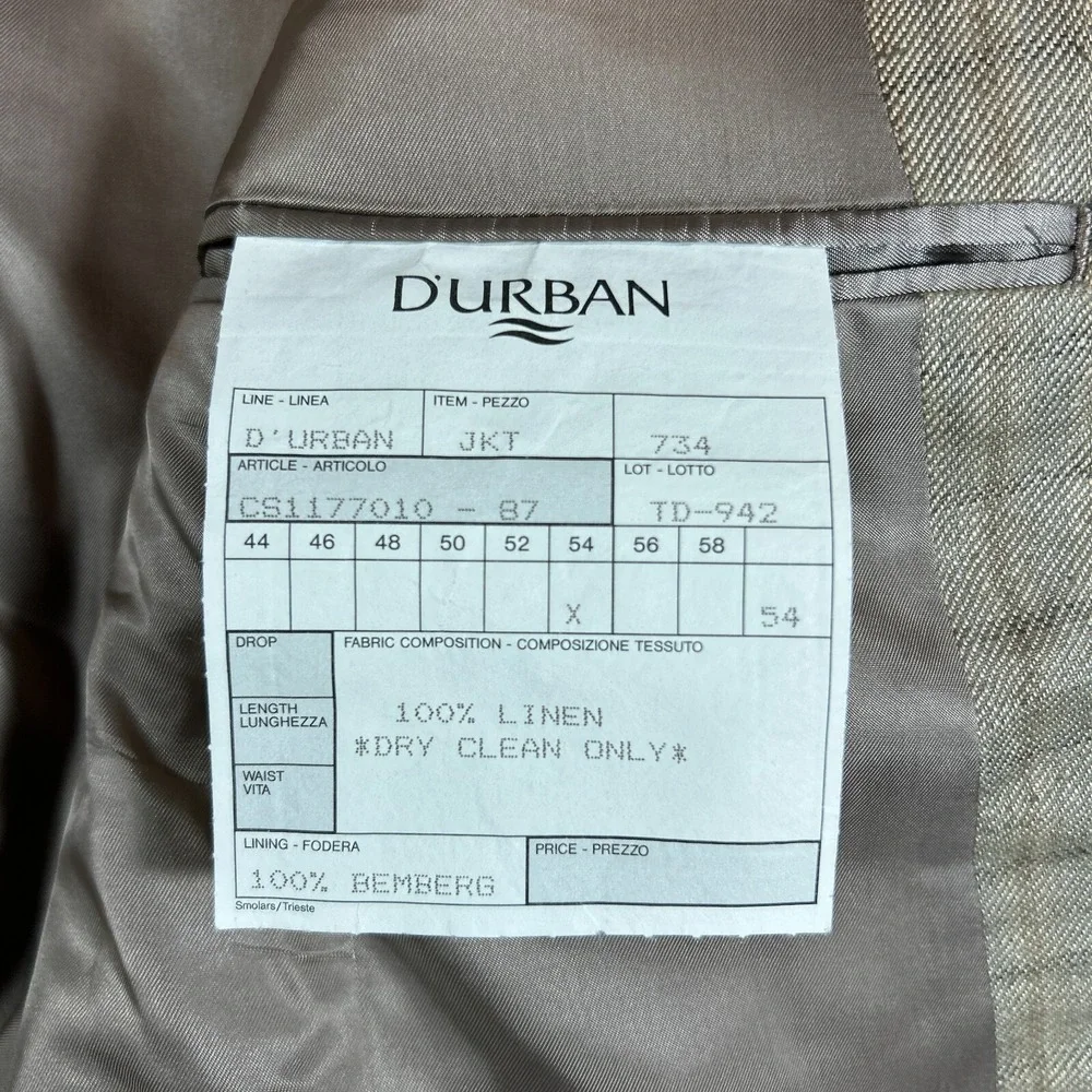 D'Urban Jacket‎ Mens 44 Beige 100% Linen Plaid Sport Coat Blazer Vtg Old Money